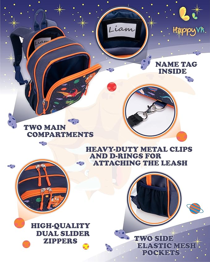 HappyVk- Backpack with Leash for Kids-Anti Lost Walking Toddler Leash-Dinosaur design-for 1-4 Years Old Boys, Girls