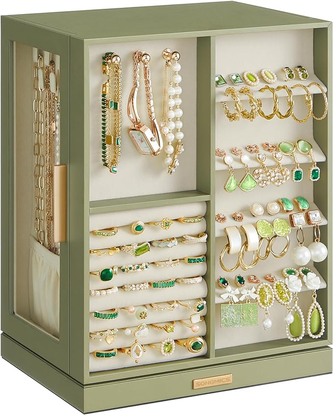 SONGMICS Jewelry Box 360° Rotating, Jewelry Storage Case with 5 Drawers, Jewelry Organizer, Glass Window, Spacious, Vertical Jewelry Storage, Open Design, Great Gift, Laurel Green UJBC170C02