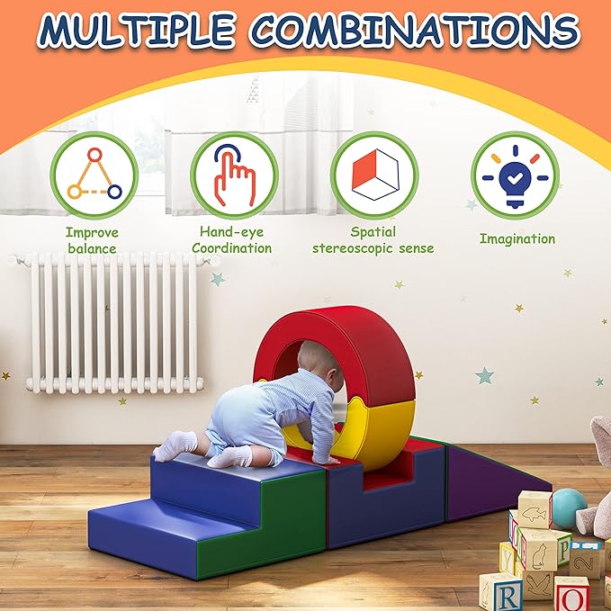 Foam Climbing Toys for Toddlers,4 Pcs Climb & Crawl Soft Play Set for Kids, Safe Indoor Tunnel for Toddler Gym with Pad,Easy to Clean
