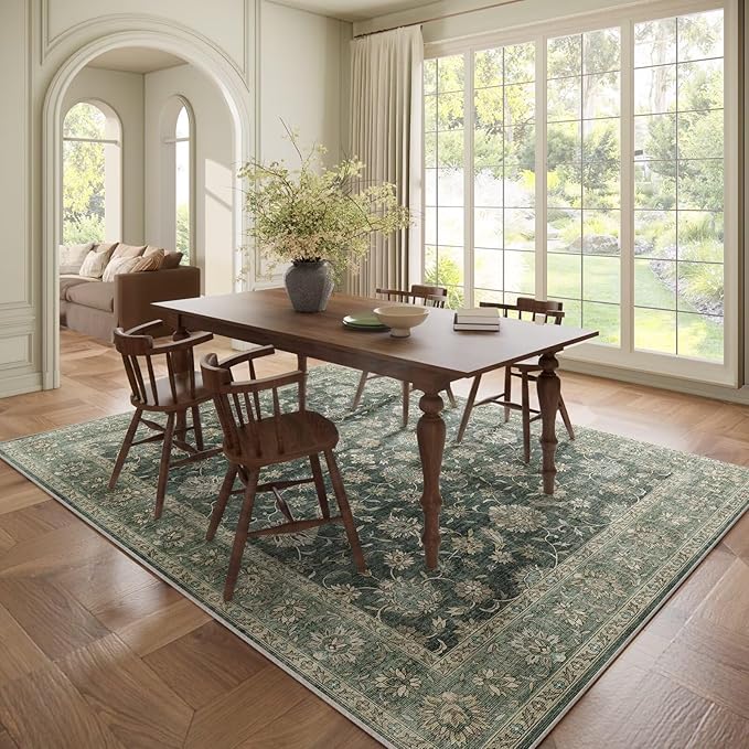 Washable 6x9 Area Rugs for Living Room, BoHo Non-slip Silicone Backing Large Rugs for Bedroom Dining Room Nursery Office, 0.3" Neutral Oriental Throw Carpet with 0.16" Cushioning Pad, Sage Green/Multi