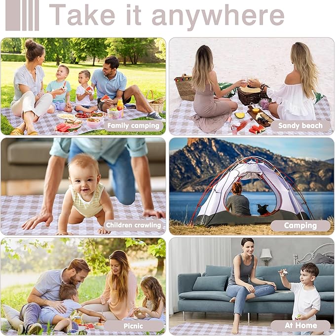 Extra Large Picnic Blanket 80''x 80'' Waterproof Foldable Picnic Mat for Beach, 5-Layer Outdoor Blanket for 6 to 8 Adults,Camping Grass Lawn Park Accessories Couple Park Wedding Registry(Brown)