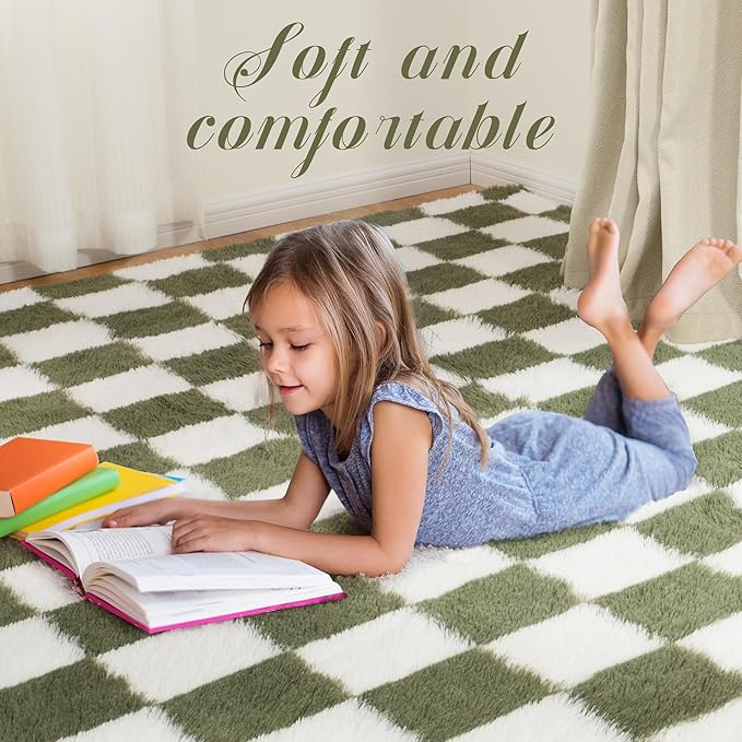 Super Soft Rug for Bedroom, 4x6 Ft Green and White Area Rug Classic Checkered Shaggy Anti-Skid High Pile Soft Fluffy Rug Fuzzy Carpet for Living Room Bedroom Kids Room Nursery, Dorm Home Decor