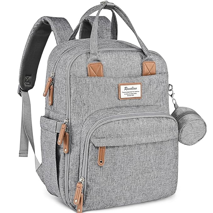 RUVALINO Diaper Bag Backpack-Expandable Baby Bag with up to 50% Capacity -Baby Essentials Bag with Changing Pad Insulated Bottle Holders & Pacifier Case, Waterproof, Gray XL