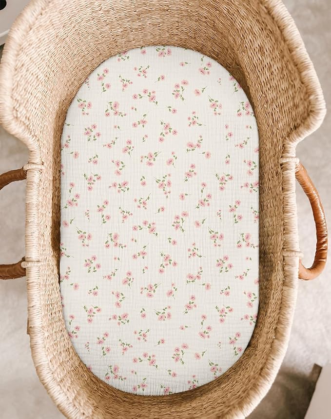 Bassinet Sheet for Baby Boy and Girl 2 Pack, Fitted Sheets for Rectangle, Oval, Hourglass Bassinet Mattress, Muslin Moses Basket Sheets with Neutral Style (Rosy)
