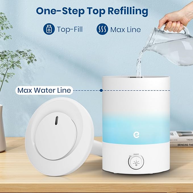 Esemoil Humidifiers for Bedroom, 2.5L Cool Mist Ultrasonic Air Humidifier with Top Fill & Quiet, 360° Nozzle, BPA Free, 25 Hour Diffuser with 8 Color Light & Auto Shut-off for Home Baby Nursery Plants