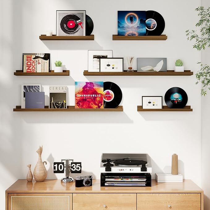 Axeman Picture Ledge Shelf, Floating Shelves for Wall Decor Storage Set of 6, 36 inch Floating Wall Mounted Shelves, Wall Shelves with Lip for Living Room, Bedroom, Nursery, Bathroom, Kitchen, Walnut