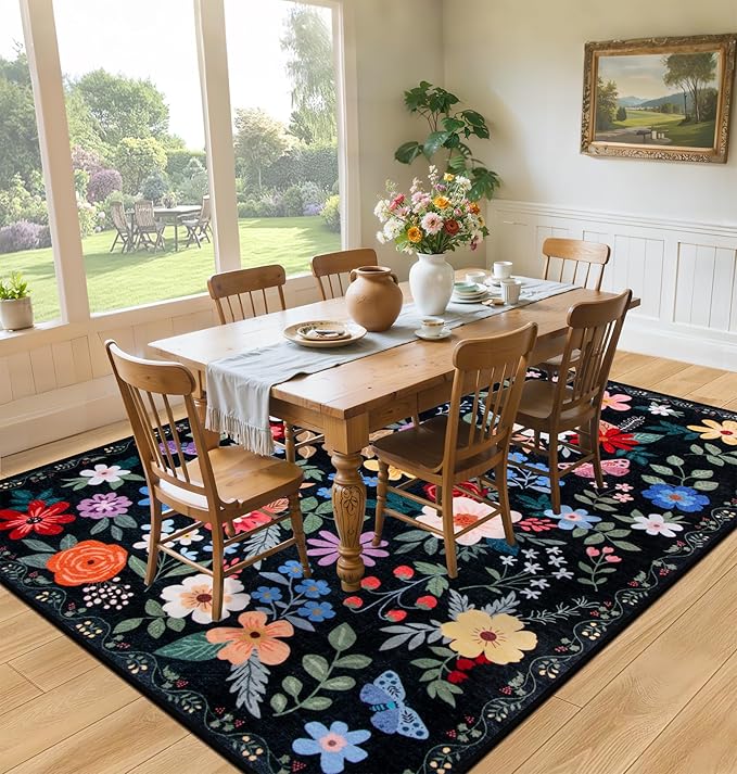 10x14 Area Rugs for Living Room: Floral Washable Rug Vintage Large Soft Boho Non-Slip Carpet Stain Resistant Low Pile Carpets for Bedroom Dining Room Farmhouse Nursery Hallway Home Office Black