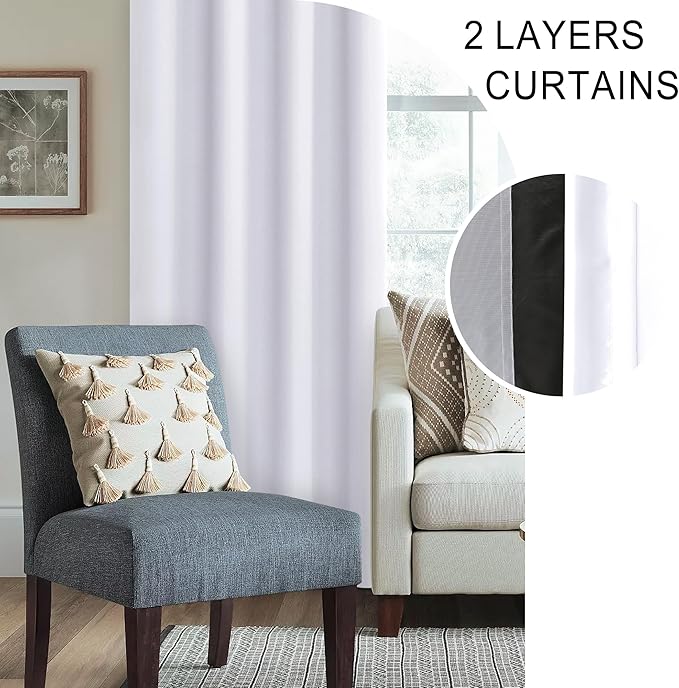 XWZO Full Blackout Curtain with Tiebacks- Rod Pocket Thermal Insulated Black Liner Curtains, Noise Reducing and Heat Blocking Drapes for Hall and Studio Large Windows, White, W70 x L63, Set of 2