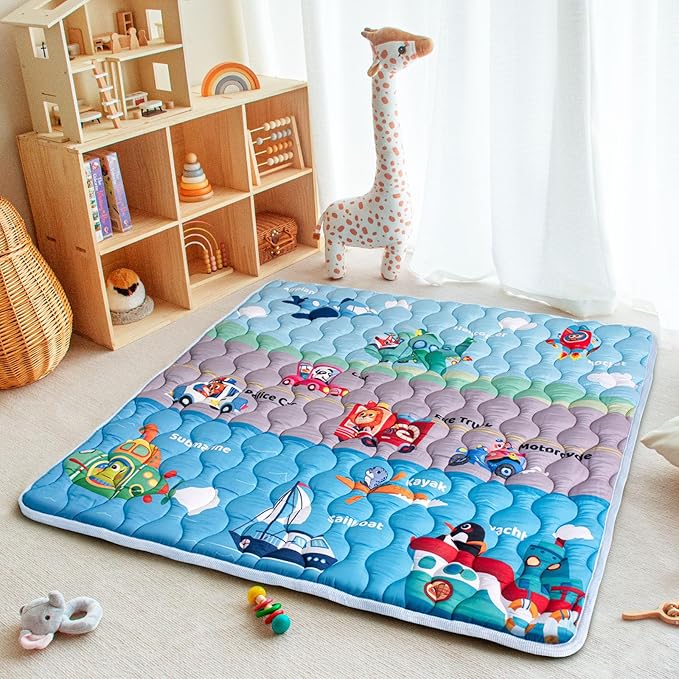 Baby Play Mat, 50x50 Playpen Mat with Super Soft Touch, Activity Mat with Upgraded Anti-Slip Bottom, Machine Washable Crawling Mat for Floor & Picnic (Vehicles)
