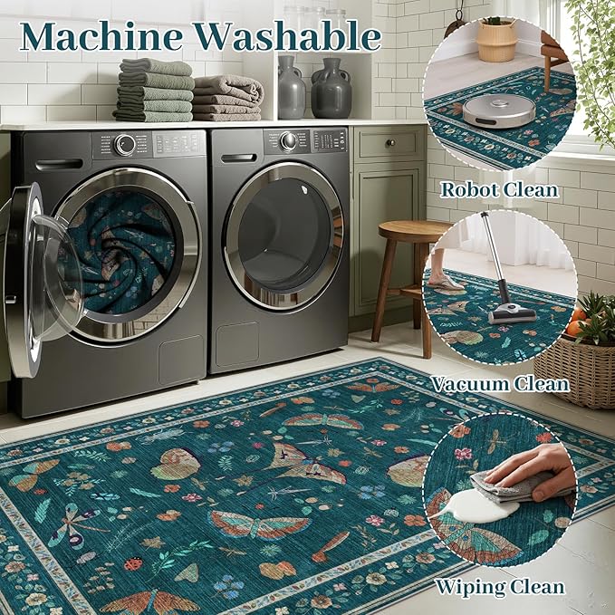 3x5 Washabl Rug with Insect Print - Bug Rug Non-Shedding Stain Resistant Soft Small Carpet for Bedroom, Low Pile Ultra-Thin Machine Washable Carpet for Nursery,Entrance, Office (3'x5' Teal)