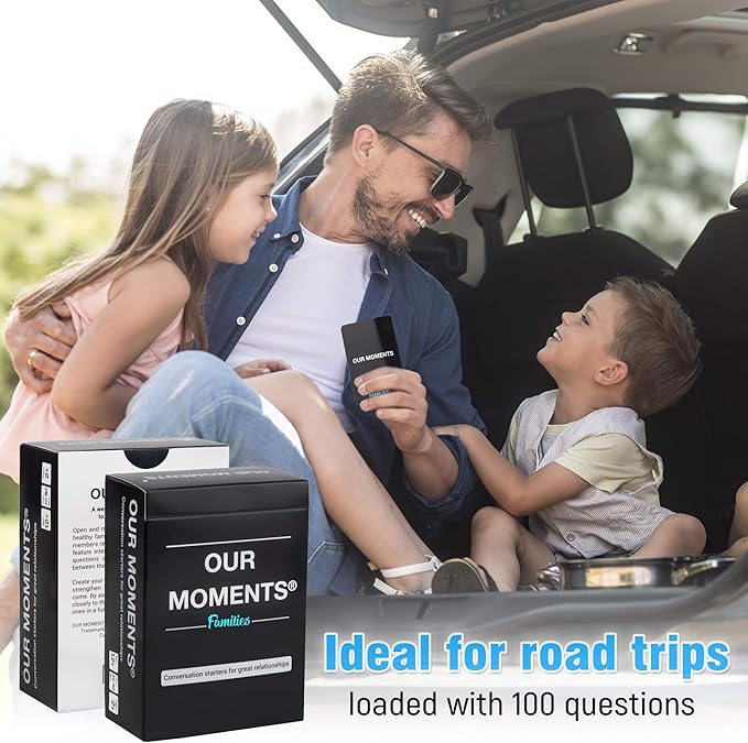 OUR MOMENTS Families: 100 Conversation Starter Cards for Families and Kids - Relationship Building - Car Travel, Road Trip & Card Game for Healthy Loving Family - Questions for Family Activities