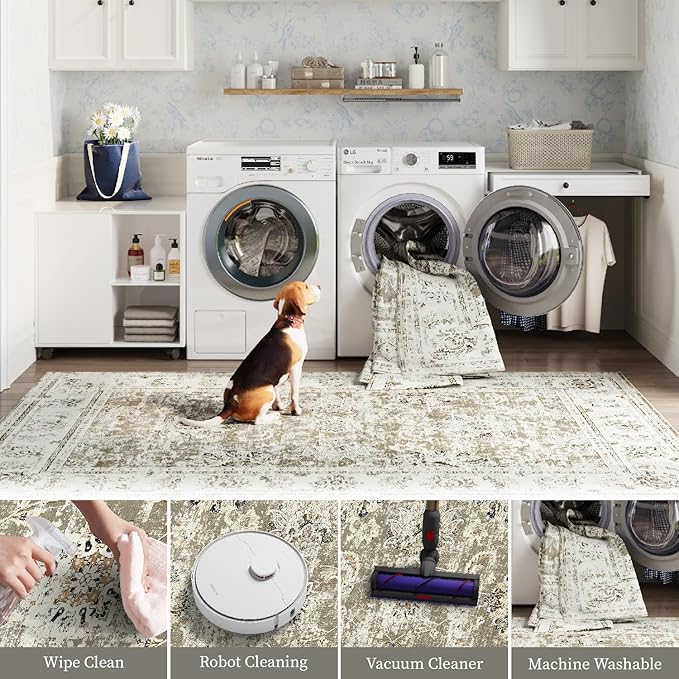 jinchan Washable Area Rug 5x7 Ultra-Thin Low Pile Non Slip Stain Resistant Soft Faux Wool Floral Distressed Vintage Carpet for Bedroom,Living Room,Dining Room,Kitchen,Nursery(Taupe, 5' x 7')