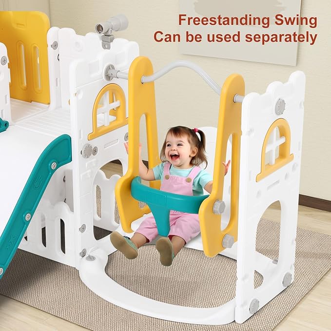 JOYLDIAS 10 in 1 Toddler Slide, Double Kid Climber Slide Playset w/Swing, Basketball Hoop, Telescope, Tunnel, Storage Space and Non-Slip Steps, Indoor Outdoor Backyard Playground Toy for Toddlers