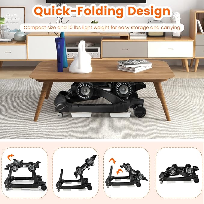 HONEY JOY 4-in-1 Baby Walker, Activity Push Walker w/3 Adjustable Heights, Smooth Wheels w/Adjustable Speed, Padded Seat, Music & Light, Foldable Car Walker for Baby Boys Girls Age 6 Months+ (Black)