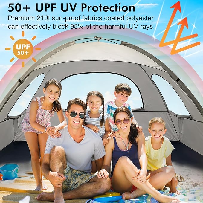 WhiteFang Beach Tent Anti-UV Portable Sun Shade Shelter for 3/4/6/8 Person, Extendable Floor with 3 Ventilating Mesh Windows Plus Carrying Bag, Stakes and Guy Lines