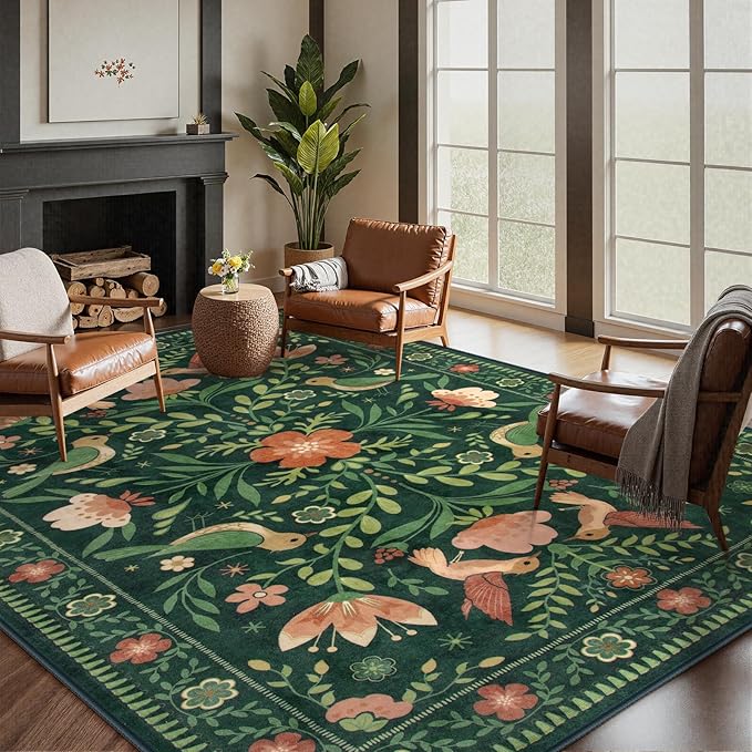 Moynesa Boho Bird 5x7 Area Rugs for Living Room, Washable Green Rug Jungle Floral Bedroom Rug, Low-Pile Soft Vintage Floor Carpet Non-Slip for Dining Room Playrom Living Room