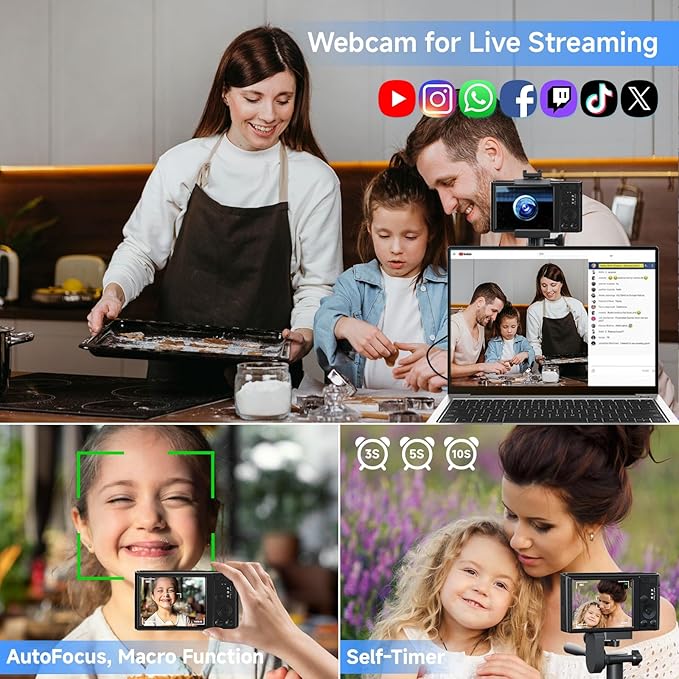 Digital Camera 4K, Upgrade Black Cameras for Teens, Autofocus Digital Point and Shoot Camera for Kids with 16X Zoom, 64GB SD Card, Compact Small Camera for Boys Girls Teens Kids Gift