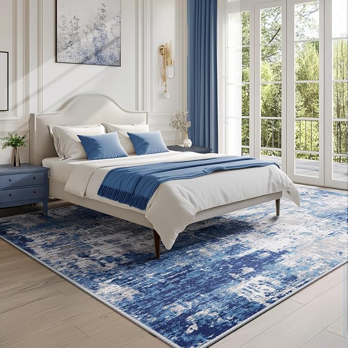Washable Area Rugs 8'x10' Non-Slip Modern Abstract Soft for Living Room Entryway Bedroom Nursery, Print Pattern, Blue Grey Navy Gray