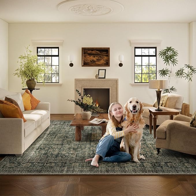 Washable Living Room Area Rug: 8x10 Rugs for Bedroom Vintage Stain Resistant Non Slip Low Pile Lightweight Boho Carpet for Kitchen Dining Room Farmhouse Kids Room Nursery