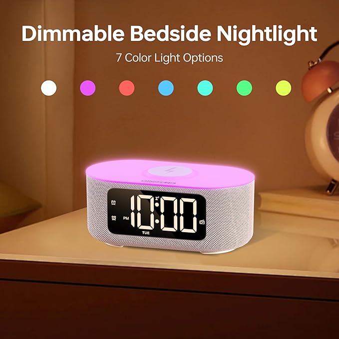 JALL Fabric Alarm Clock for Bedroom, with Big Led Screen Display, Bluetooth Stereo Sound Speaker, FM Radio, Fast Wireless Charging, USB Charging Port, Nightlight, White Noise, Ideal for Gift, Pink