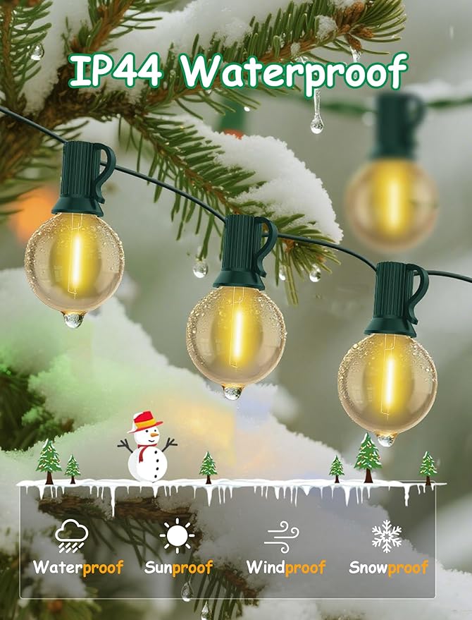 25FT LED Outdoor Christmas String Lights Waterproof, Hanging G40 Globe Patio Lights with 27 LED Shatterproof Warm White Bulbs, Outdoor Christmas Decorations Light for Wedding Party Backyard, Green