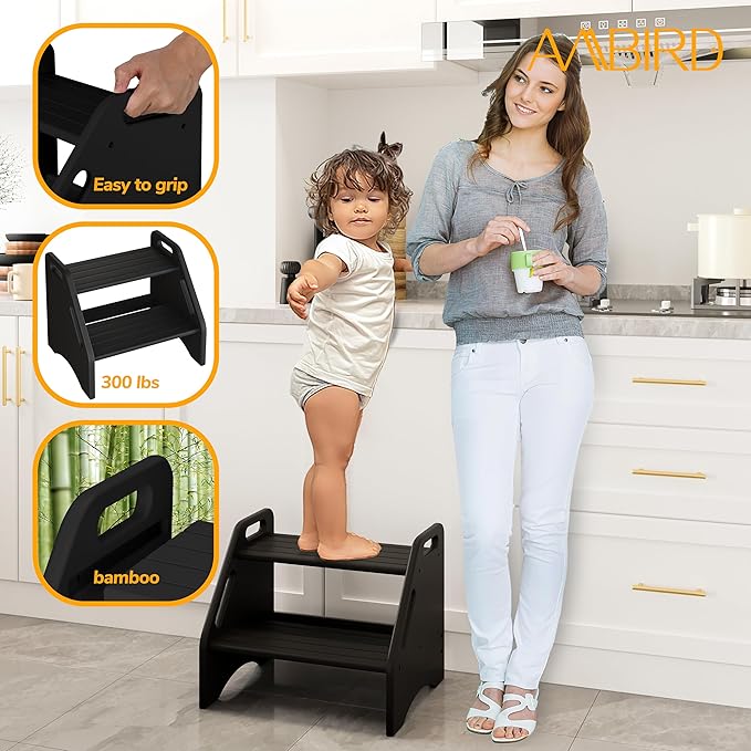 AMBIRD Wooden Step Stool, Two Step Stools 300 lbs Capacity with Safety Non-Slip Pads and Handles, Bamboo Step Stool for Bathroom, Kitchen Dual Height Step Stools for Adults (Black)