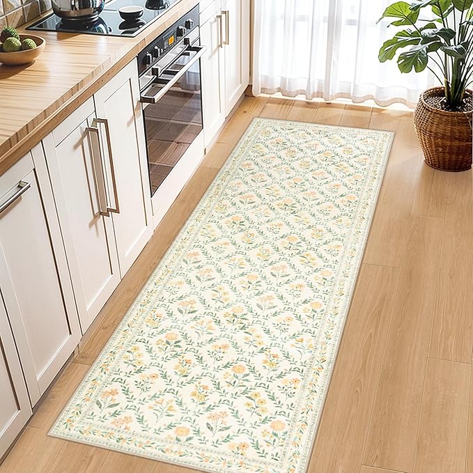 Runner Rug for Entryway: 2.6x8 Kitchen Rugs Non Slip Washable Ultra-Thin Soft Floral Carpet Indoor Floor Stain Resistant Carpets for Hallway Bedroom Kitchen Laundry Bathroom Dorm Beige/Multi