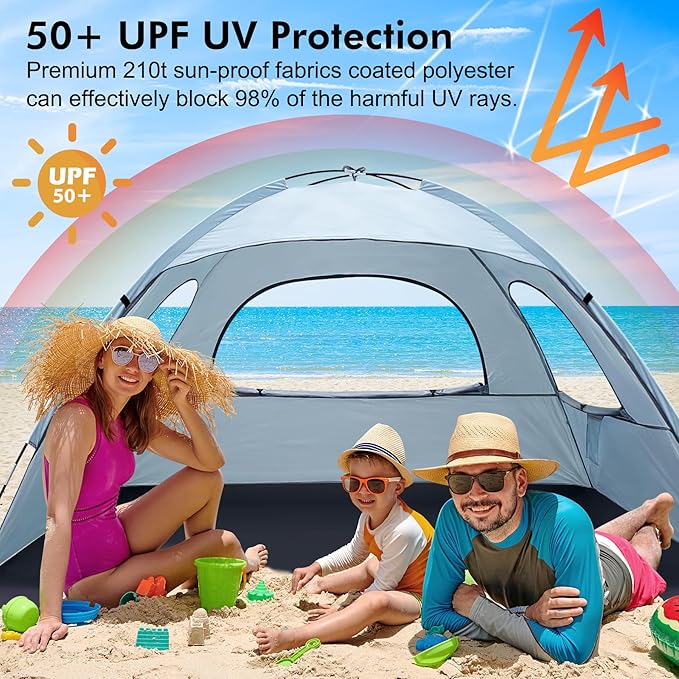 WhiteFang Beach Tent Anti-UV Portable Sun Shade Shelter for 3/4/6/8 Person, Extendable Floor with 3 Ventilating Mesh Windows Plus Carrying Bag, Stakes and Guy Lines