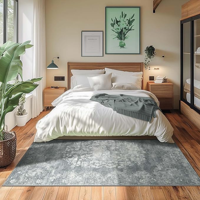 jinchan Vintage Floral 5x7 Area Rugs - Machine Washable Distressed Design Soft Ultra-Thin Low-Pile Non-Slip Carpet for Kitchen Bedroom Nursery Living Room Dining Room Home Office (5x7ft,Grey)