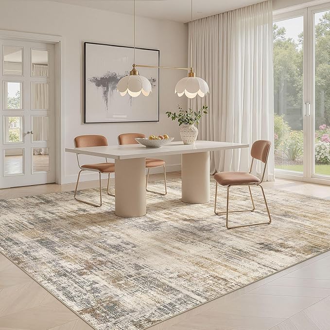 Area Rug for Living Room: 5x7 Washable Neutral Abstract Modern Soft Rugs Non Slip Indoor Floor Stain Resistant Carpet for Bedroom Dining Room Office Nursery - Golden Brown
