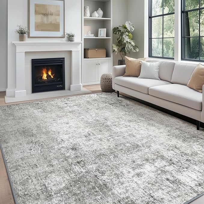 Washable Area Rugs 5'x8' Non-Slip Modern Abstract Soft for Living Room Entryway Bedroom Nursery, Print Pattern, Gray White Grey