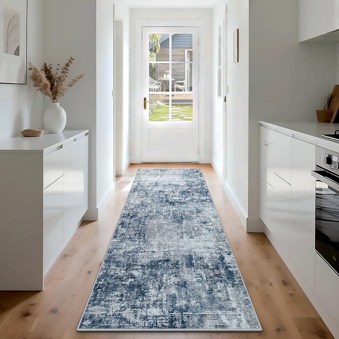 Runner Rug for Hallways Kitchen 2'6"x8' Washable, Non Slip Carpet 8ft Area Rugs Entryway Rubber Backed 8 Feet Neutral Abstract Modern Low Pile Indoor Blue Grey