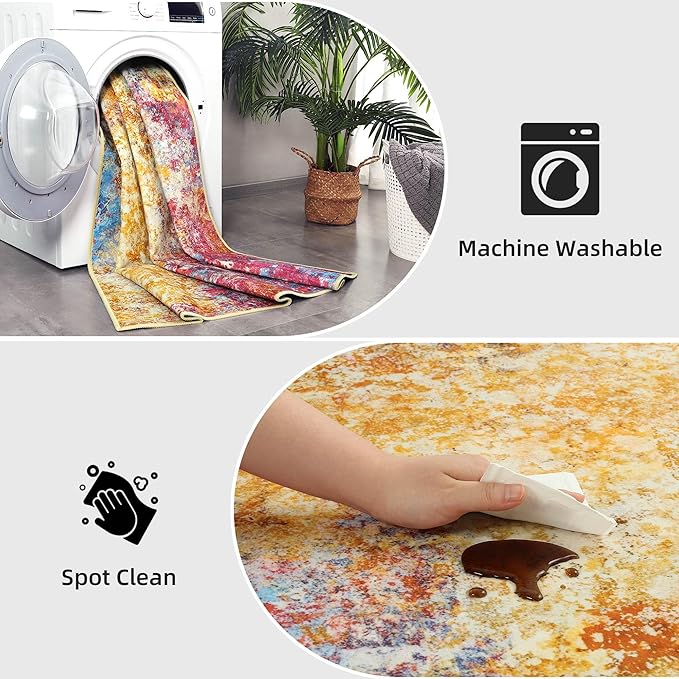 Kelarea Living Room Rug, 4x6 Modern Abstract Washable Rugs, Colorful Soft Non Slip Low Pile Carpet, Stain Resistant Rugs for Bedroom, Dining Room, Nursery, Home Office