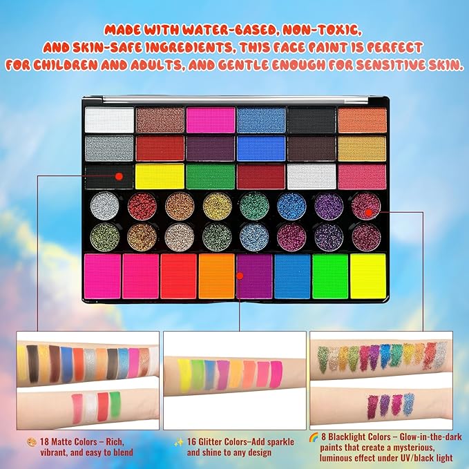 42 Color Face Paint Kit for Kids – Non-toxic Water-Based Makeup Palette with Stencils, Brushes & Gems – Face Painting Kit for Kids Ideal for Halloween, Parties, Festivals, Body Art & More