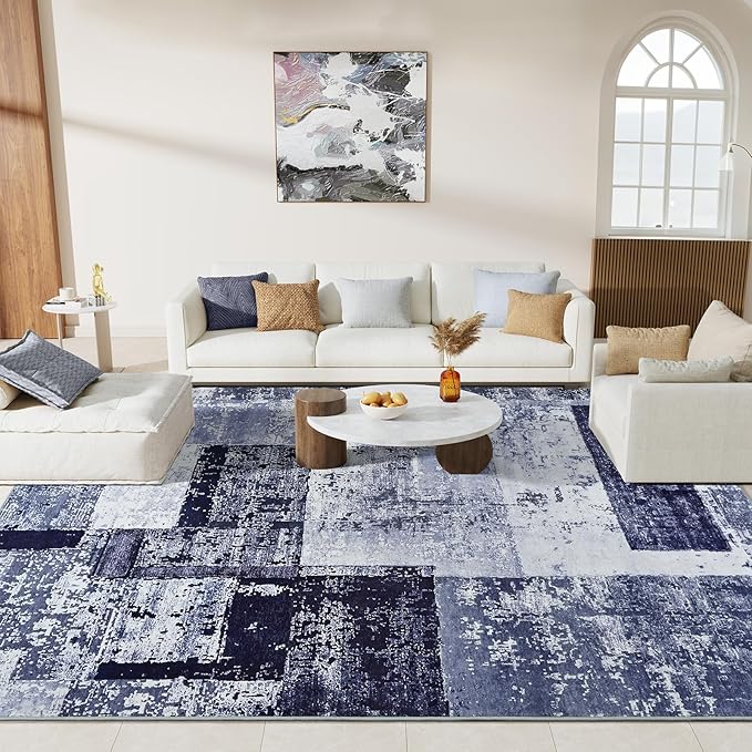 LOCHAS Rug for Living Room, Washable Soft Area Rugs for Bedroom 8x10, Abstract Carpet for Indoor Office Kids Dining Room Nursery Floor, Blue Geometric Vintage Home Decor, Non Slip, Pet Child Friendly
