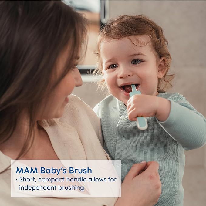 MAM Learn to Brush Set (1 Baby's Brush Toothbrush, 1 Training Brush, 1 Safety Shield), Baby Toothbrushes with Brushy The Bear, Interactive App, for Girls 5+ Months, Blue