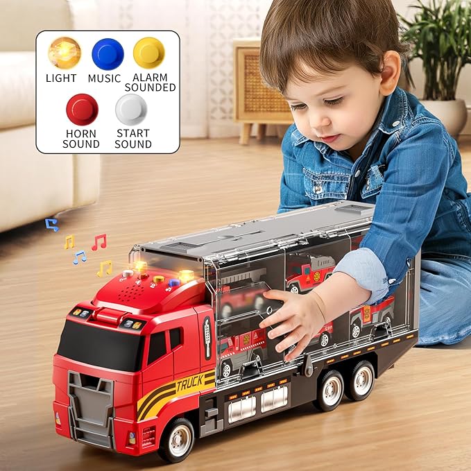 Toddler Boys Toys for 3-5 Years Old, Fire Truck Vehicle Set with Play Mat and Die-Cast Toy Car, Transport Carrier Truck for Kids 3-5, Birthday Gifts Toys for 3-8+ Year Old Boys