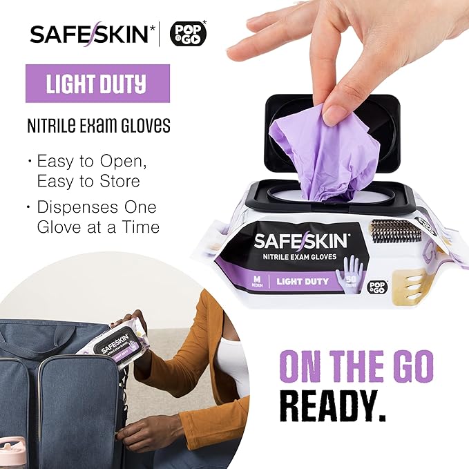 SAFESKIN Disposable Nitrile Gloves in POP-N-GO Pack of 50 or 200 Powder Free - Hair, Cleaning, Medical Use, Food Handling