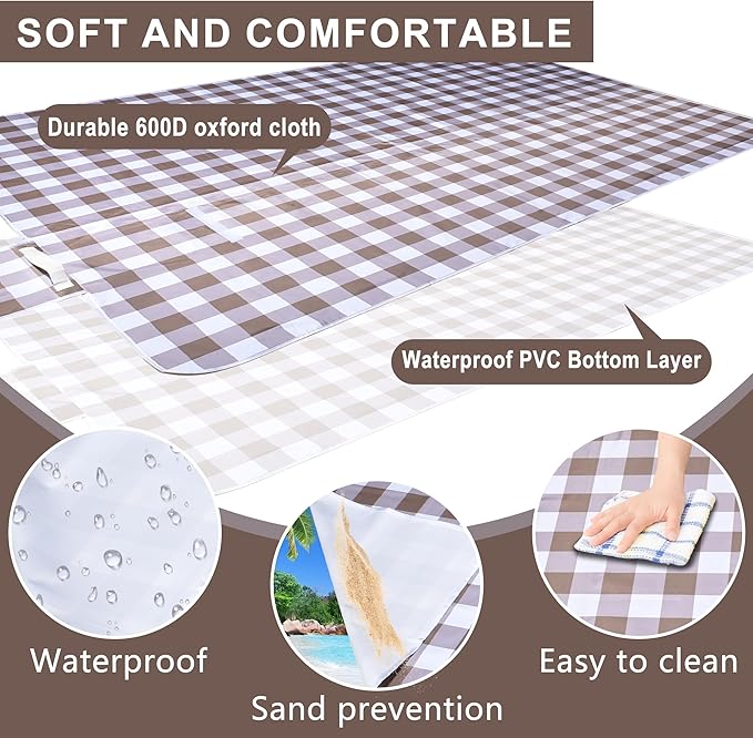 80"x60" Waterproof Sandproof Picnic Mat - Portable Foldable Outdoor Blanket for Beach, Park, Travel & Indoor Use - Lightweight Compact Design, Easy-Carry (Light Brown)