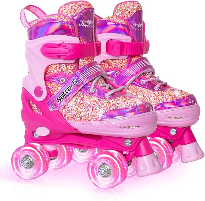 Nattork Kids Roller Skates for Girls Kids, 4 Sizes Adjustable Girls Roller Skates for Ages 3-12 with Light up Wheels & Safety Protection - Cool Birthday Gift for Indoor Outdoor Sports