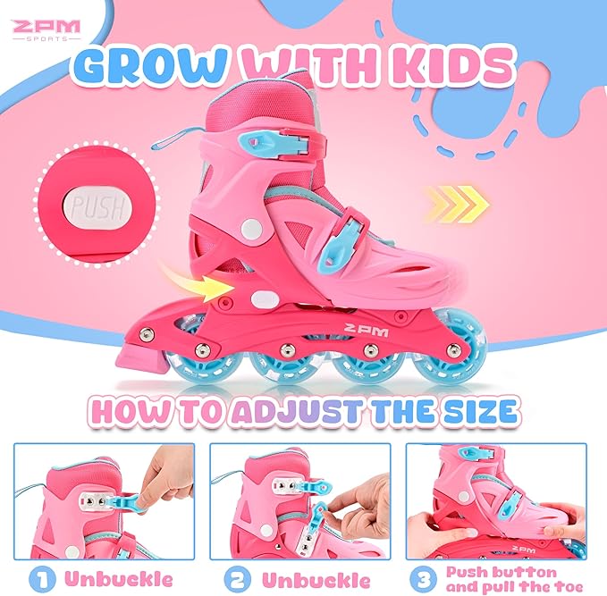 2PM SPORTS Inline Skates with Light Up Wheels, Roller Skates Blades for Boys Girls Kids Ages 5-8 8-12 4-6 6-12, Size Adjustable Beginner Blades Roller Skates