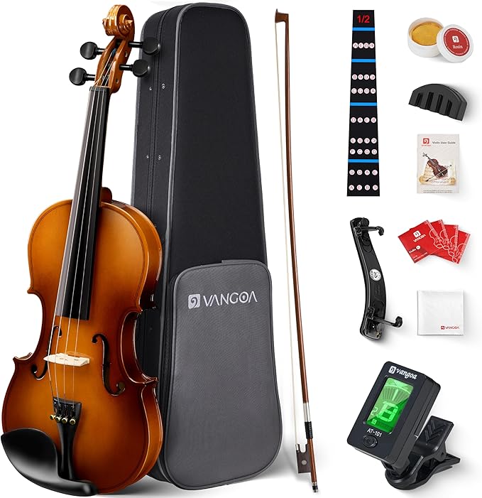 Vangoa Violin 1/2 Size Set Fiddle, Handcrafted Half Size Starter Acoustic Violins Kit with Solid Wood Side Board, Lightweight Hard Case for Beginners Learners, Children, Kids, Adults, Right Handed