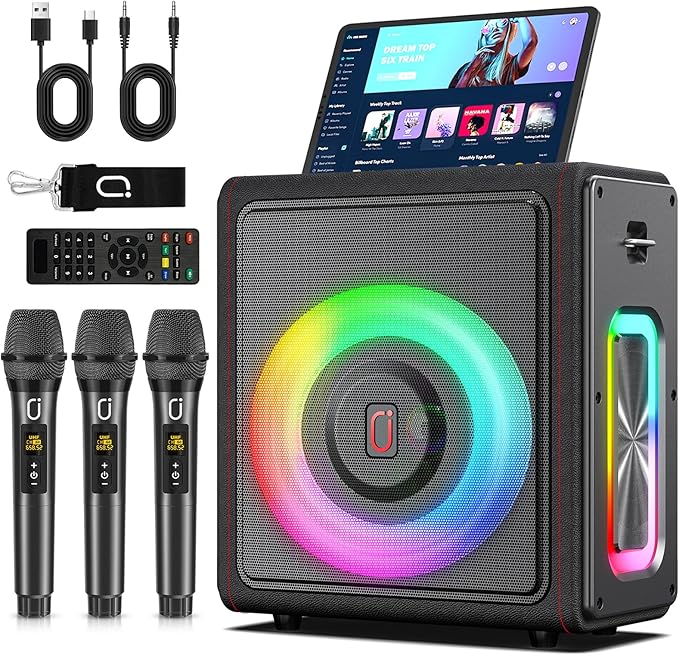 Karaoke Machine with 3 Wireless Mics | Bluetooth 5.3 Speaker with Echo Adjustment & Auto Pitch Correction | PA System with RGB Lights, Supports TV/TF Card/USB/AUX/Live/REC for Home Parties