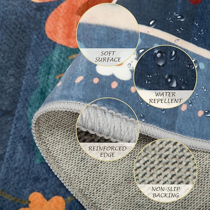 Floral 2x10 Area Rug Machine Washable Soft Print Boho Carpet Non Slip Doormat Low Pile Flower Area Rugs for Living Room Bedroom Nursery Kitchen Dining Room Indoor-Blue/Grey