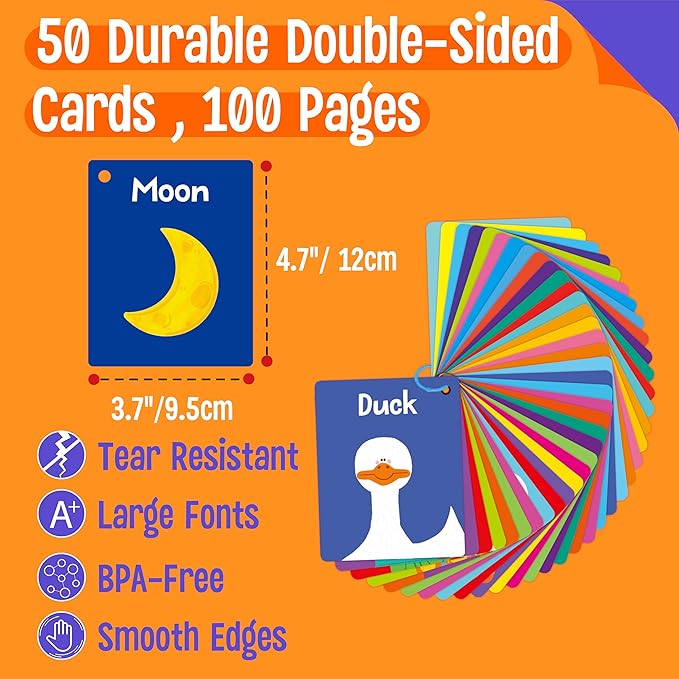50 PCS First Word Flashcards, Double Sided Learning Cards Alphabet, Foods, Animals, Shapes, Colors, Vehicle, Body Parts with 2 Reclosable Rings, Learning Tool for Pre-K Kindergarten Toddlers
