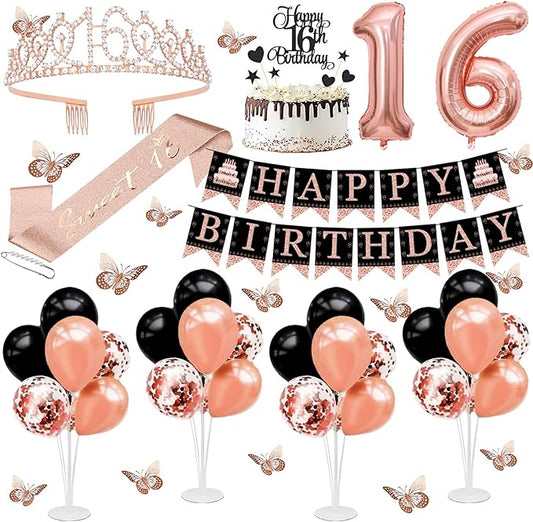 16th Birthday Decorations for Girls - 56pcs Rose Gold Happy 16th Banner, 16th Birthday Crown Sash, Cake Topper, Number 16 balloons, 3D Butterflies, 4 Balloon Stands kits