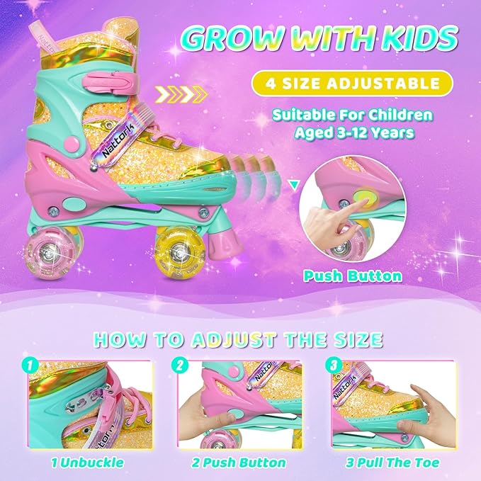 Nattork Kids Roller Skates for Girls Kids, 4 Sizes Adjustable Girls Roller Skates for Ages 3-12 with Light up Wheels & Safety Protection - Cool Birthday Gift for Indoor Outdoor Sports