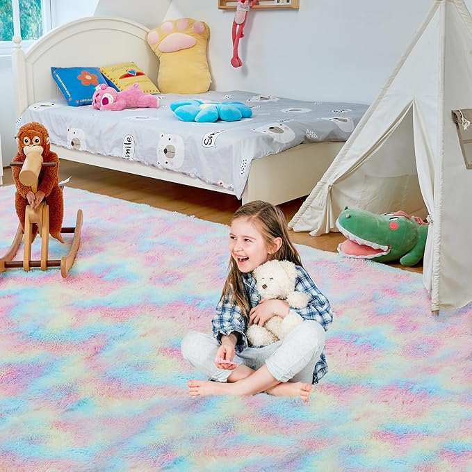 Ultra Soft Rug for Living Room, 8X10 Fluffy Shag Area Rug for Bedroom, Modern Shaggy Carpets Fuzzy Rug for Teens Dorm Nursery Home Decor Aesthetic, Upgrade Anti-Skid Durable, Rainbow