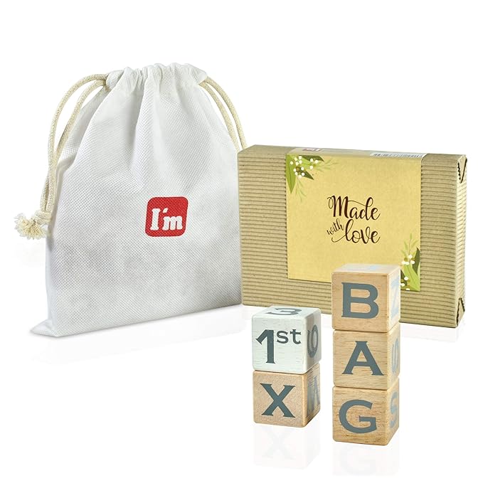 I'm Solid Wood Baby ABC Alphabet Milestone Age Blocks, Personalized Own Name, Gender Neutral, Newborn Gifts & Keepsakes for Picture Props (1.4" / 16 Pcs/Grey)