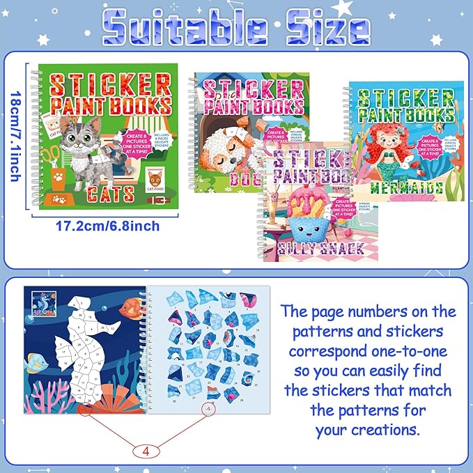 gisgfim 4Pcs Paint by Sticker Books Sticker by Number Books Activity Puzzle Book Craft Art Gift with Mermaid Cat Dog Silly Snack 32 Pictures Sticker by Number Book Set Party Favors